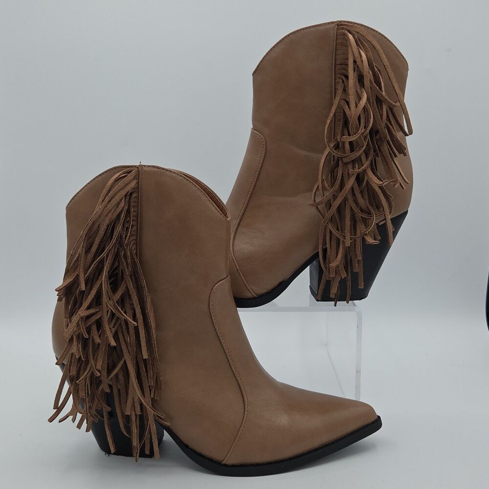 Beast Fashion McKenna Western Ankle Boot Taupe Faux Leather Fringe Size 7 Shoe